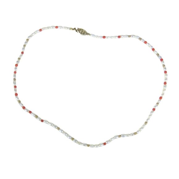 Freshwater Pearl Coral Delicate Gold Tone Bead Necklace 17 in Choker Minimalist - Picture 1 of 11